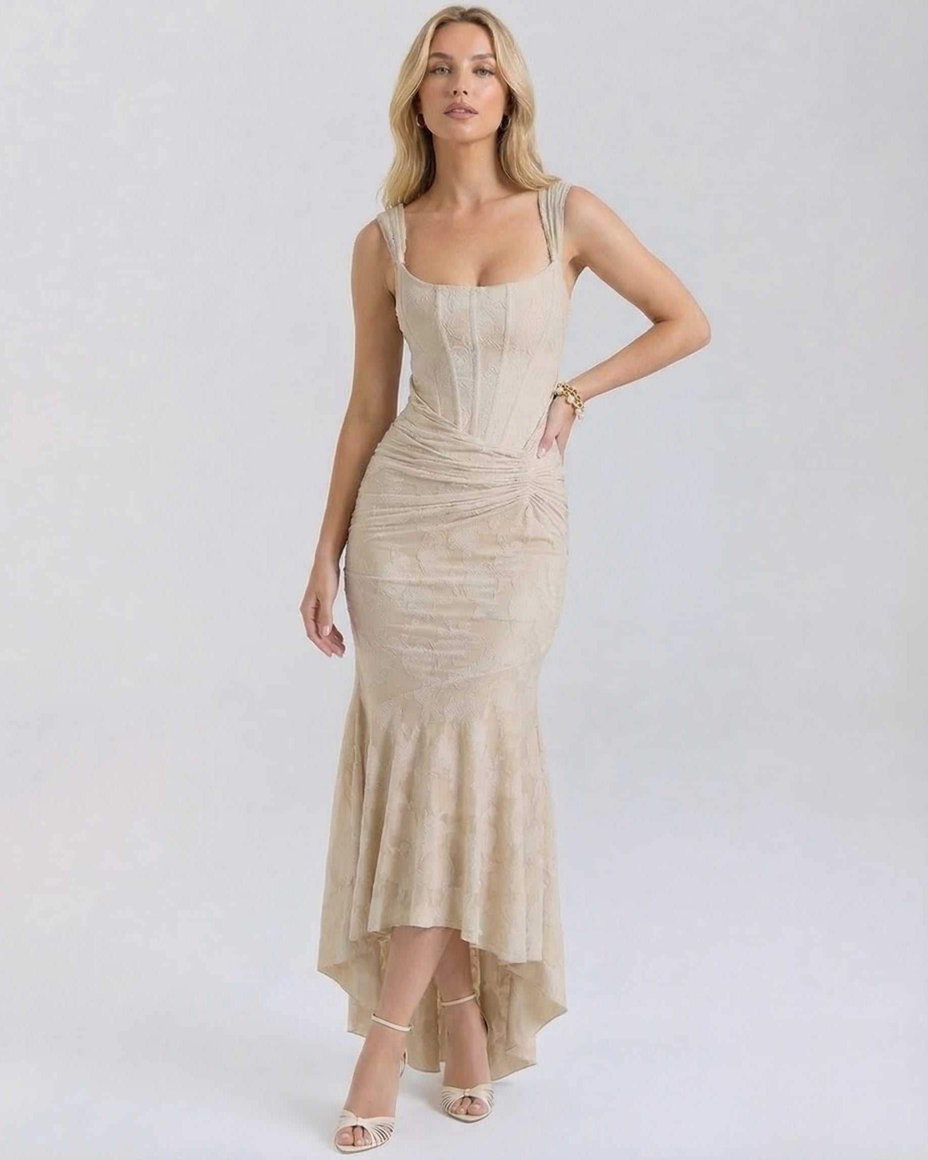 Ovra Maxi Dress in beige, sleeveless, square neck, elegant fit for special occasions by RAMBLION.