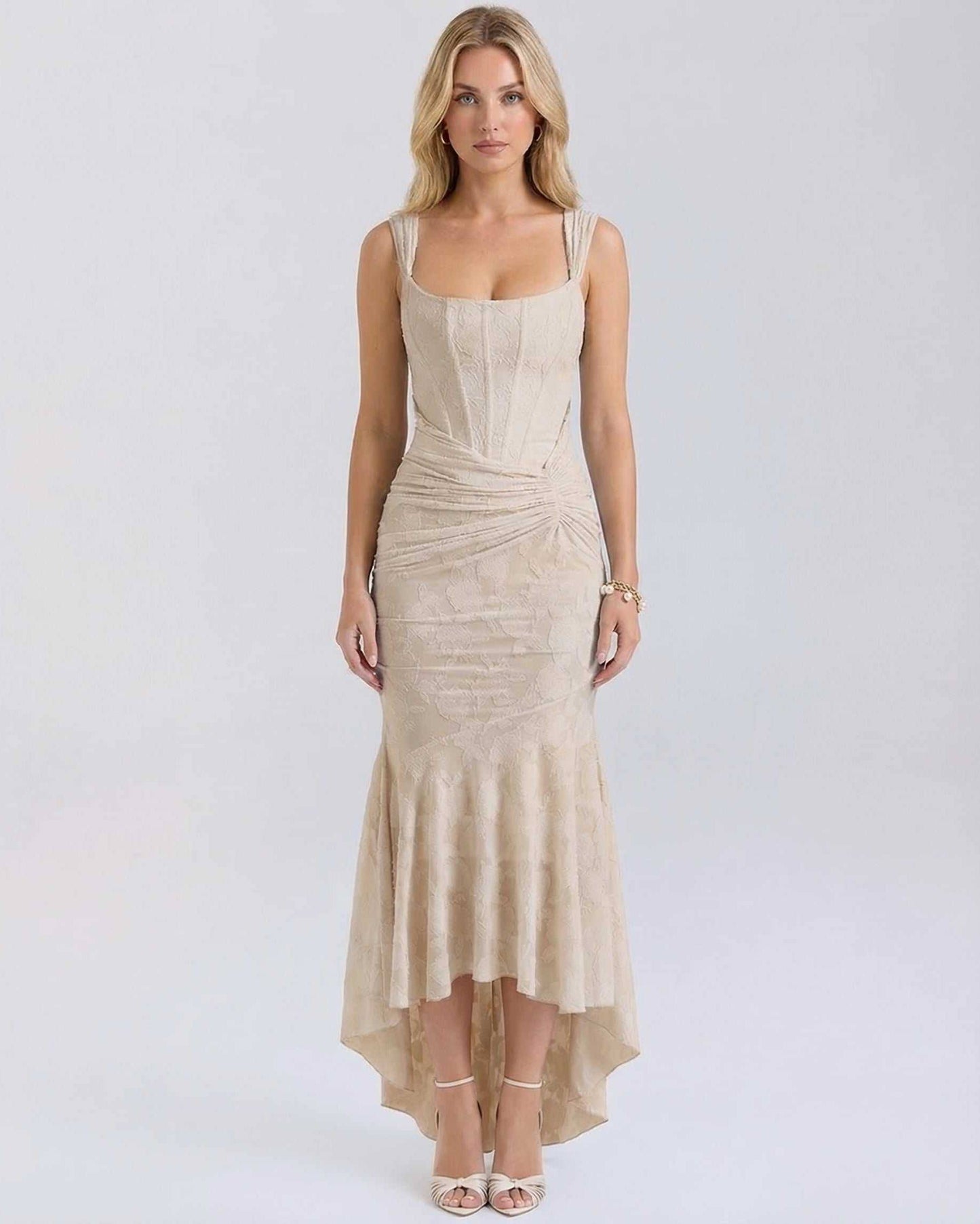 Ovra Maxi Dress in soft beige, features square neck and elegant design, perfect for special occasions by RAMBLION.