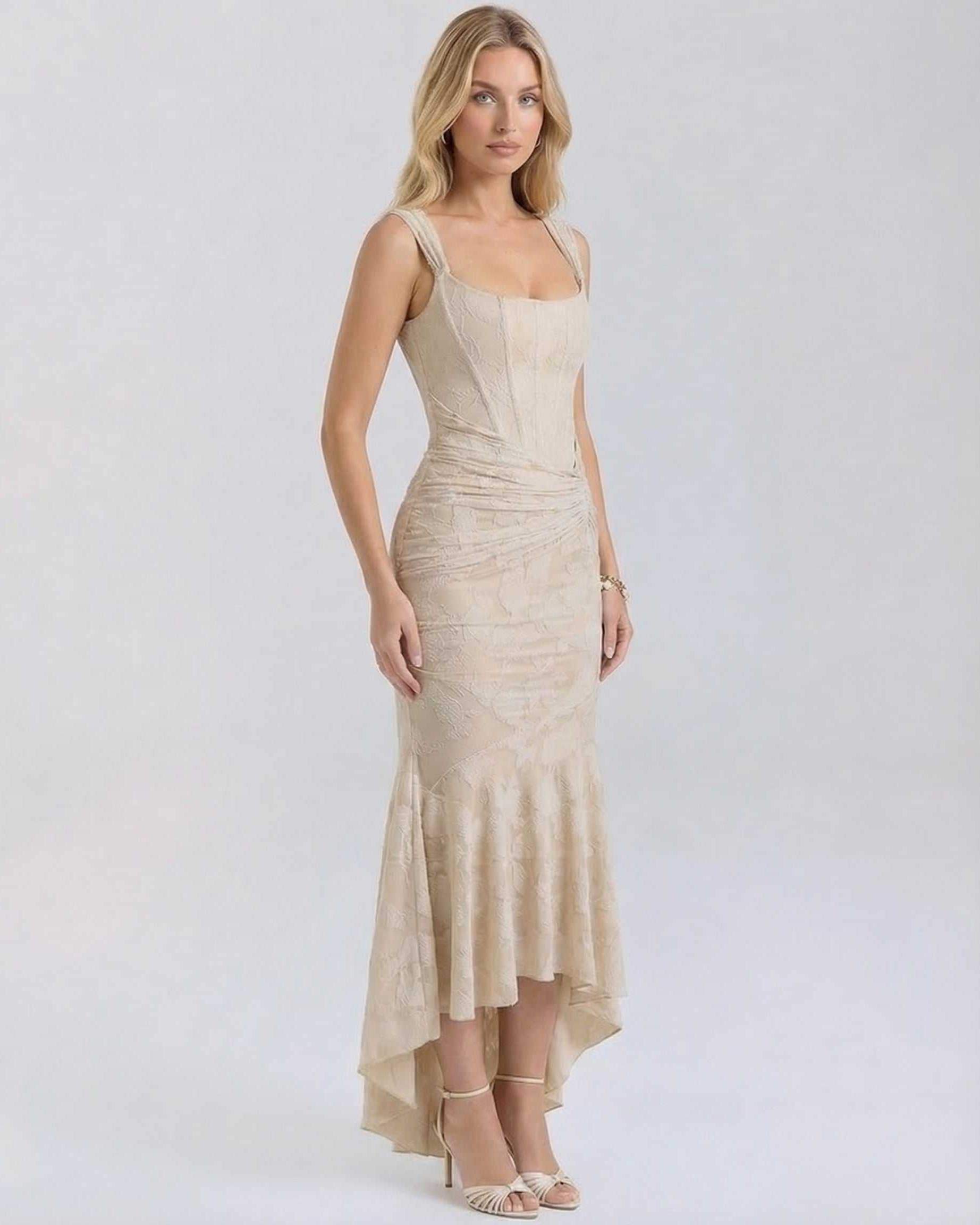 Ovra Maxi Dress in soft beige, elegant square neck, ankle-length, perfect for special occasions by RAMBLION.
