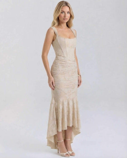 Ovra Maxi Dress in soft beige, elegant square neck, ankle-length, perfect for special occasions by RAMBLION.