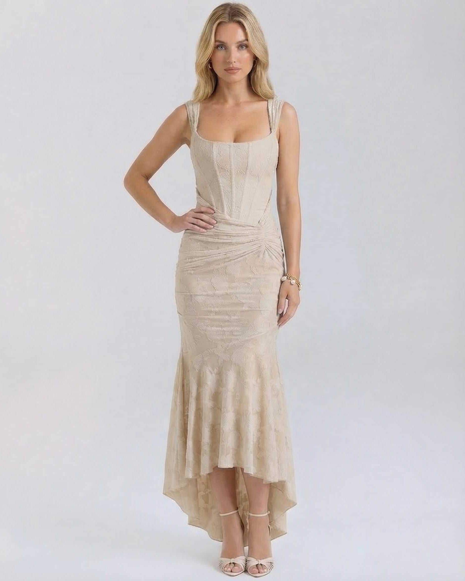 Ovra Maxi Dress in soft beige, featuring square neck and sleeveless design by RAMBLION, perfect for elegant occasions.
