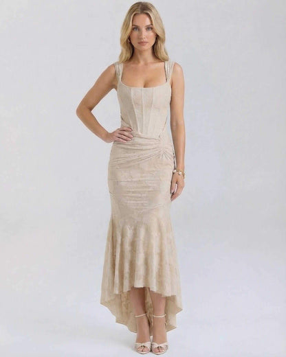 Ovra Maxi Dress in soft beige, featuring square neck and sleeveless design by RAMBLION, perfect for elegant occasions.