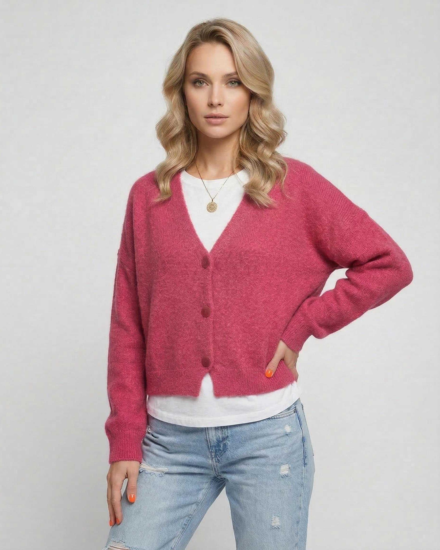 Pink Cardigan, front view | Ramblion | SKU: RC-564738291-pink-L-1255,RC-564738291-pink-M-7371,RC-564738291-pink-S-8885,RC-564738291-pink-XL-5949,RC-564738291-pink-XS-5301