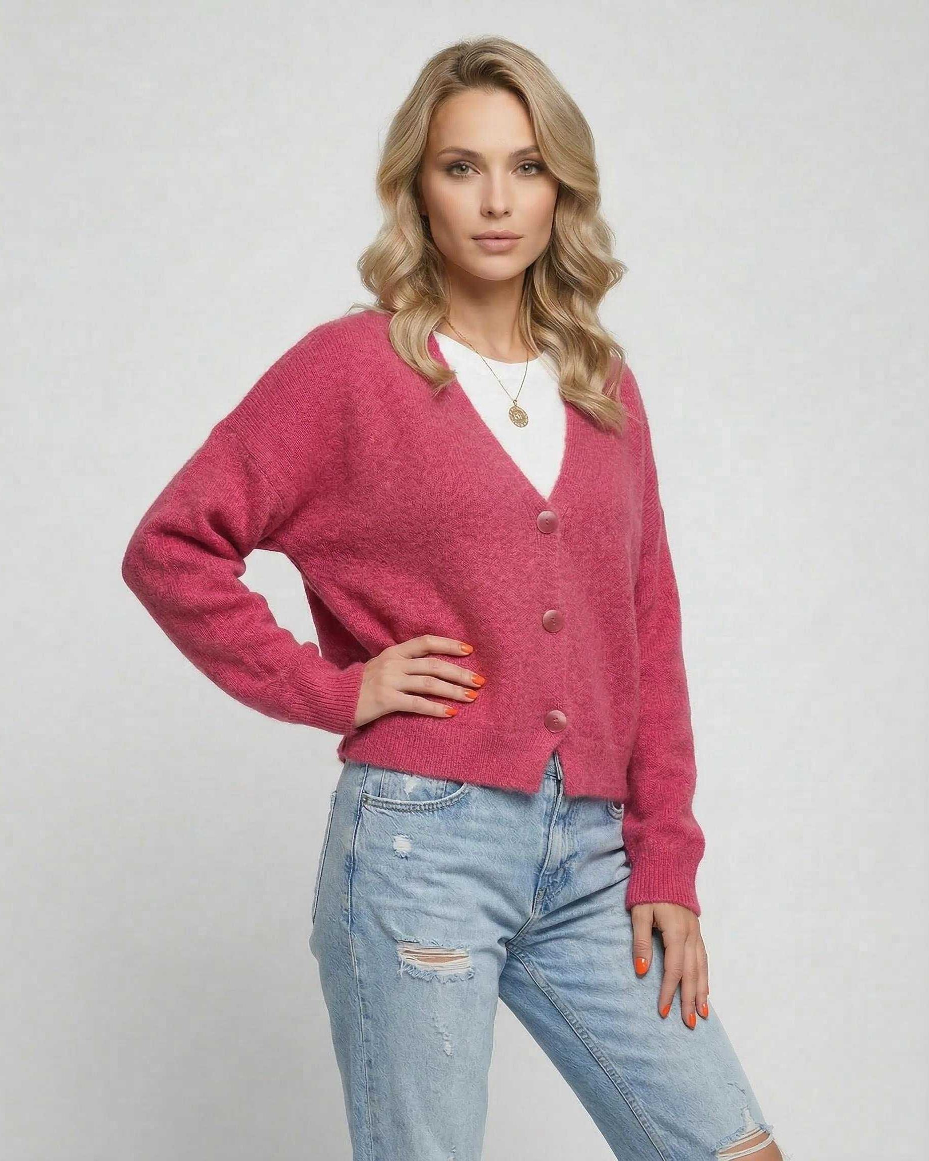 Pink Cardigan, front view | Ramblion | SKU: RC-564738291-pink-L-1255,RC-564738291-pink-M-7371,RC-564738291-pink-S-8885,RC-564738291-pink-XL-5949,RC-564738291-pink-XS-5301