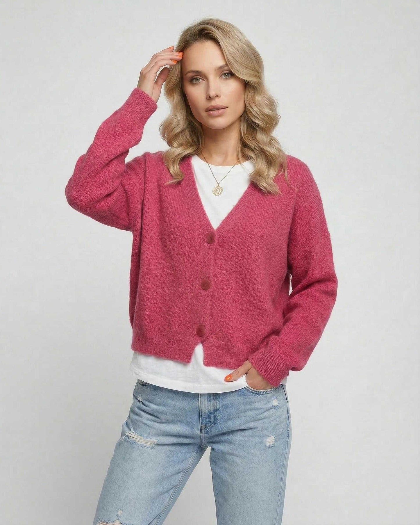Pink Cardigan, front view | Ramblion | SKU: RC-564738291-pink-L-1255,RC-564738291-pink-M-7371,RC-564738291-pink-S-8885,RC-564738291-pink-XL-5949,RC-564738291-pink-XS-5301