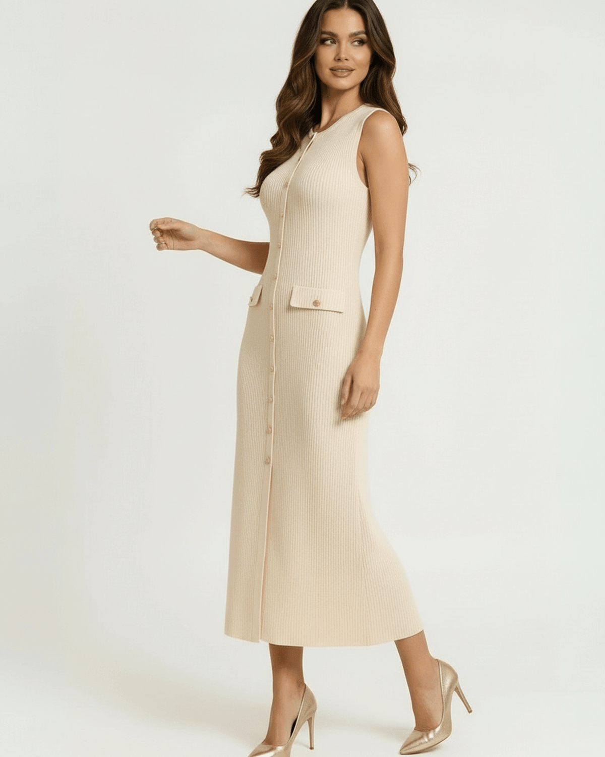 Beige A-line Round Neck Sleeveless Midi Dress | Formal Events, Cocktail Hour & Guest of Wedding, side view | Ramblion | SKU: SMD-739482615-beige-L-744,SMD-739482615-beige-M-8044,SMD-739482615-beige-S-8090,SMD-739482615-beige-XL-6076,SMD-739482615-beige-XS-5811