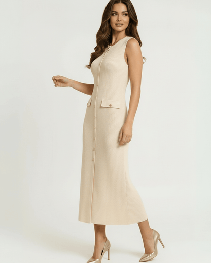 Beige A-line Round Neck Sleeveless Midi Dress | Formal Events, Cocktail Hour & Guest of Wedding, side view | Ramblion | SKU: SMD-739482615-beige-L-744,SMD-739482615-beige-M-8044,SMD-739482615-beige-S-8090,SMD-739482615-beige-XL-6076,SMD-739482615-beige-XS-5811