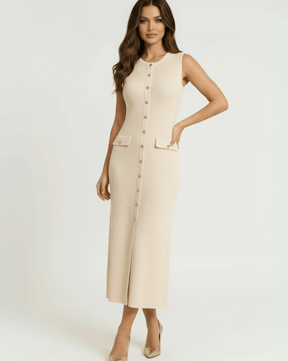 Beige A-line Round Neck Sleeveless Midi Dress | Formal Events, Cocktail Hour & Guest of Wedding, front view | Ramblion | SKU: SMD-739482615-beige-L-744,SMD-739482615-beige-M-8044,SMD-739482615-beige-S-8090,SMD-739482615-beige-XL-6076,SMD-739482615-beige-XS-5811