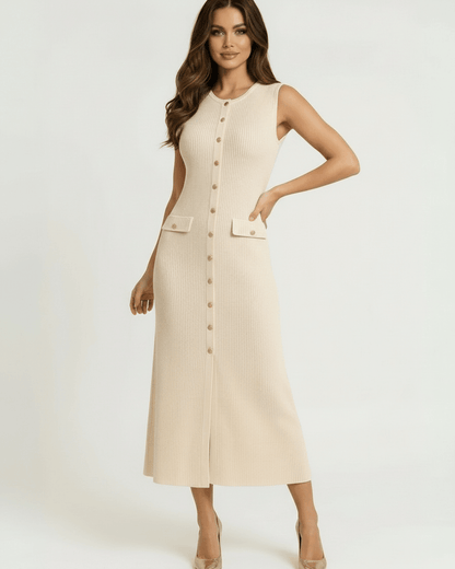 Beige A-line Round Neck Sleeveless Midi Dress | Formal Events, Cocktail Hour & Guest of Wedding, front view | Ramblion | SKU: SMD-739482615-beige-L-744,SMD-739482615-beige-M-8044,SMD-739482615-beige-S-8090,SMD-739482615-beige-XL-6076,SMD-739482615-beige-XS-5811