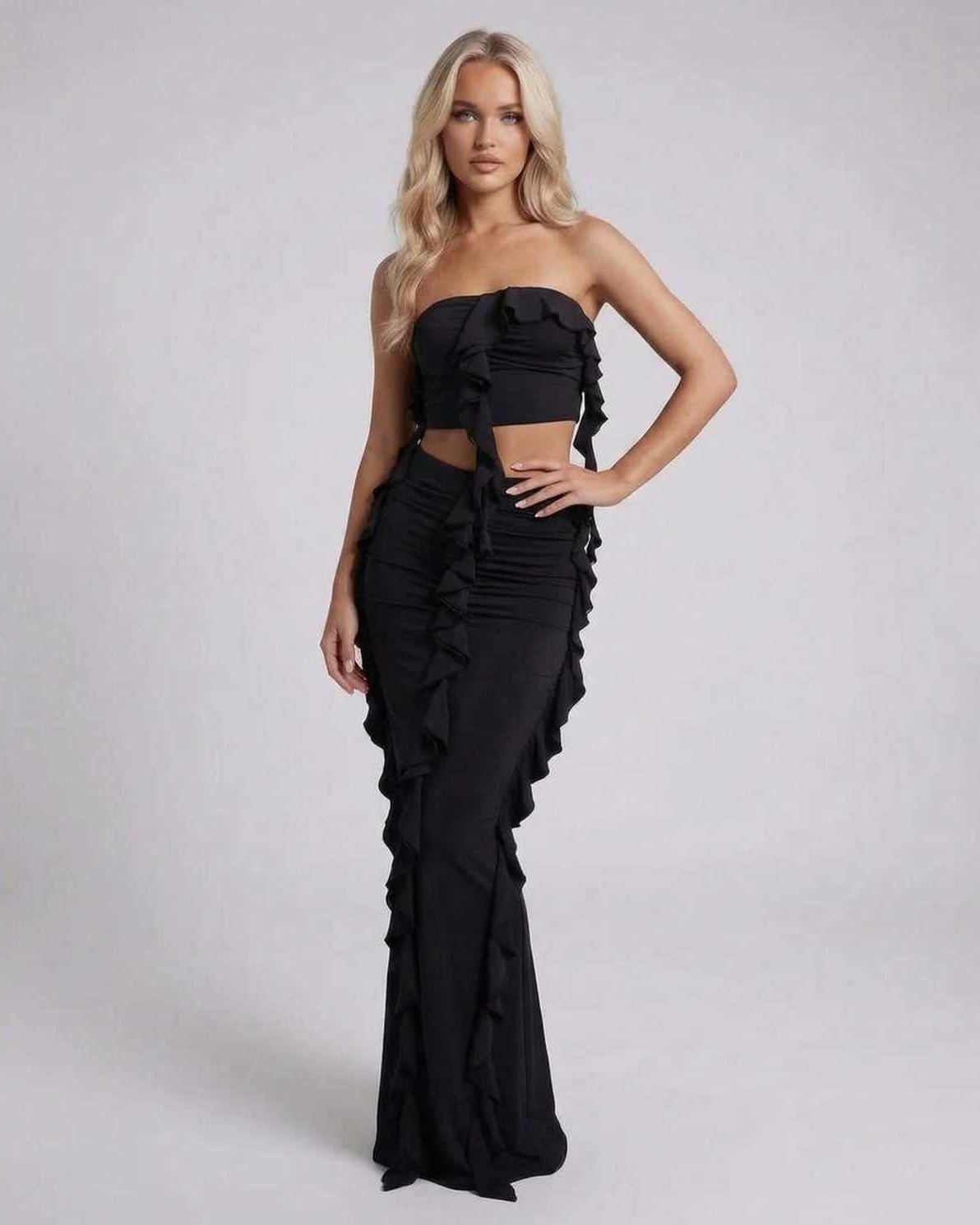 Ozma Maxi Dress by RAMBLION, black satin dress with ruffle details, perfect for evening occasions.