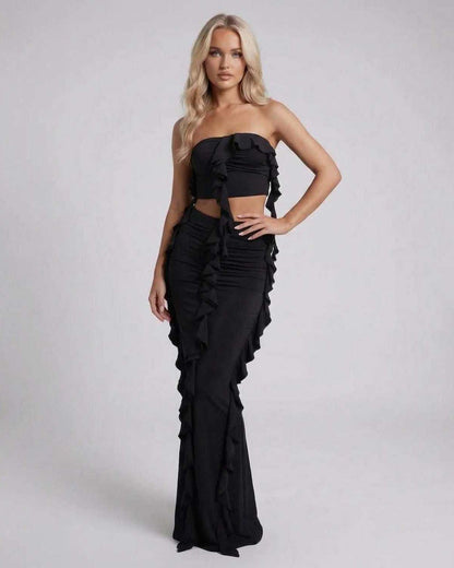 Ozma Maxi Dress by RAMBLION, black satin dress with ruffle details, perfect for evening occasions.