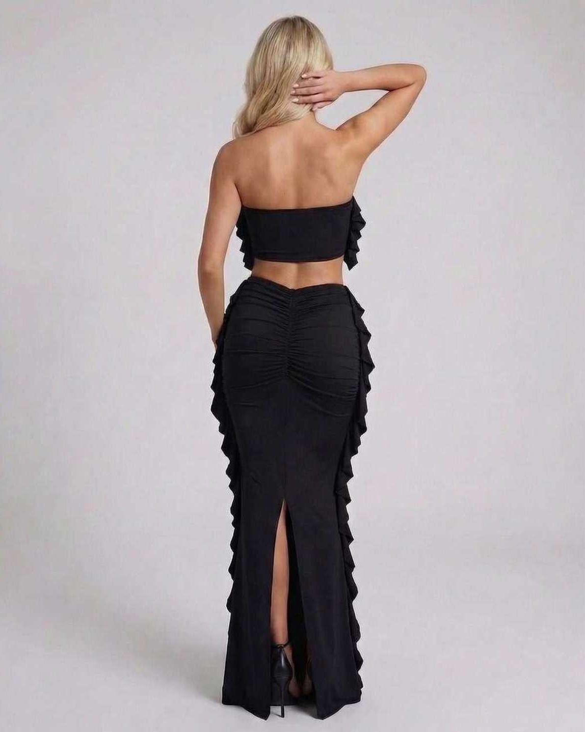 Ozma Maxi Dress back view, black satin with ruffle detailing, perfect for evening events, RAMBLION brand.