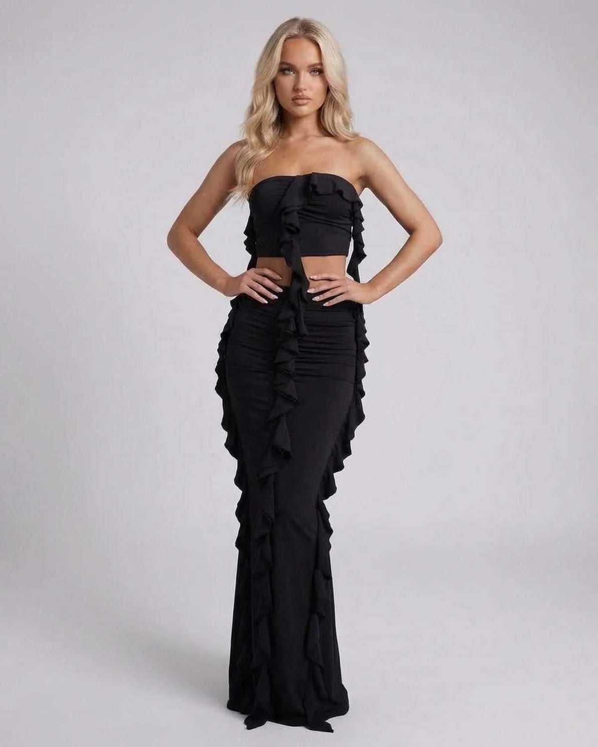 Ozma Maxi Dress features ruffle detailing, elegant silhouette, perfect for evening events by RAMBLION.
