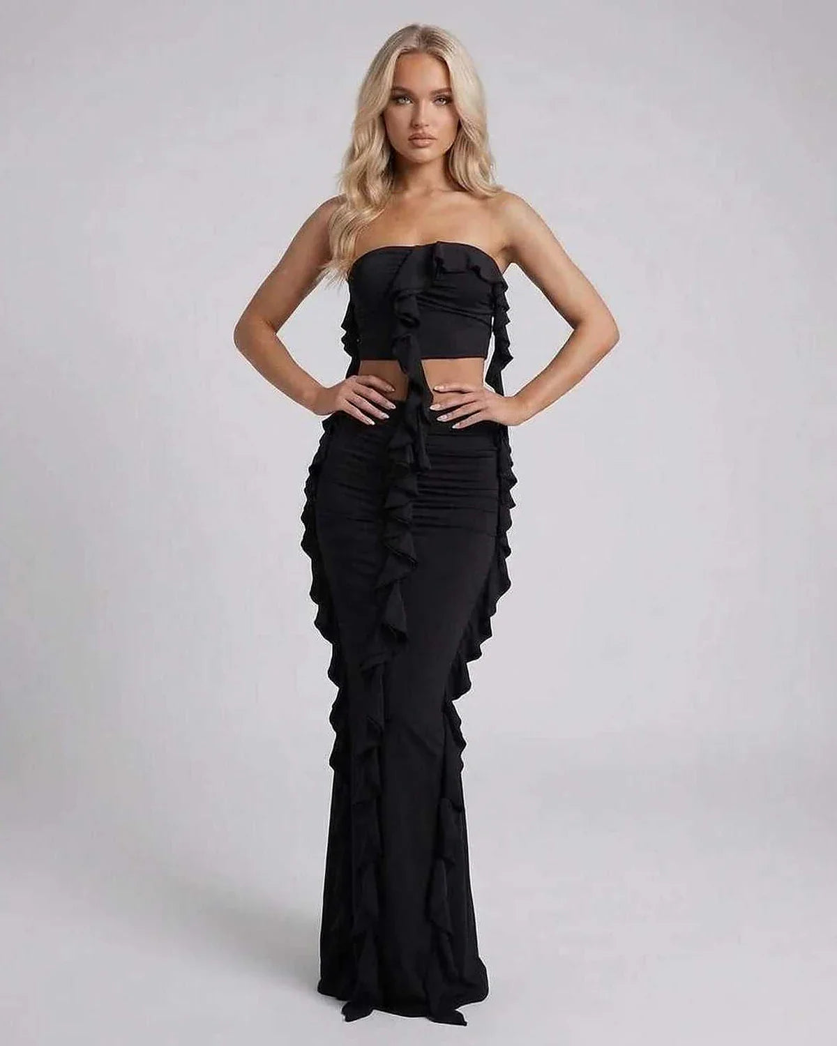 Black Satin Gown Round Neck Sleeveless Maxi Dress | Evening Events & Party Nights, front view | Ramblion | SKU: LMX-394857201-black-L-7507,LMX-394857201-black-M-7888,LMX-394857201-black-S-8422,LMX-394857201-black-XL-4781,LMX-394857201-black-XS-4720