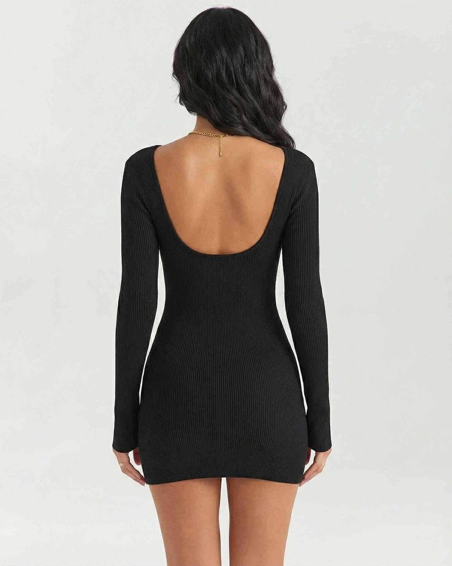Padu Mini Dress by RAMBLION in black, featuring a square neck and backless design, perfect for casual and elegant occasions.