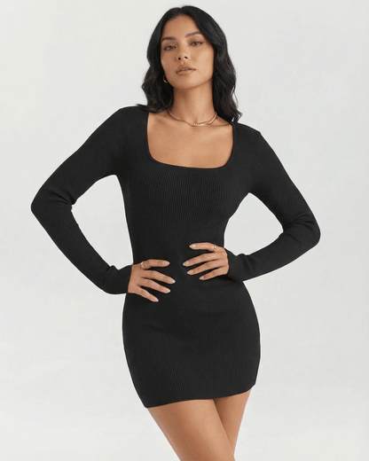 Padu Mini Dress by RAMBLION, black cotton blend, square neck, stylish & versatile for casual or dressy occasions.