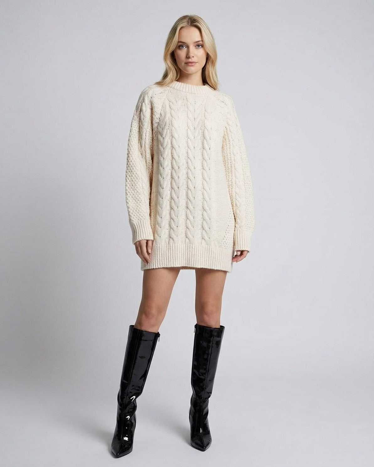 Pafu Mini Dress by RAMBLION, white cable knit, crew neck, relaxed fit, ideal for casual outings.