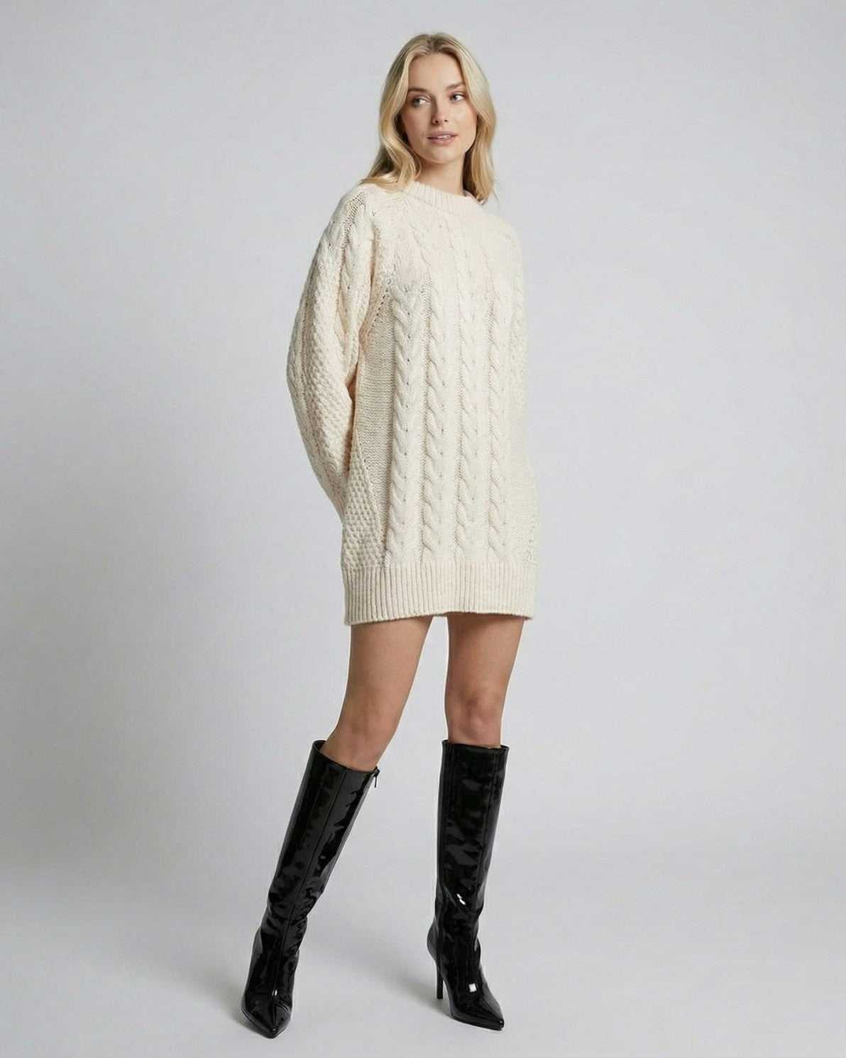 Pafu Mini Dress by RAMBLION, white cable knit design, relaxed fit, perfect for casual outings.