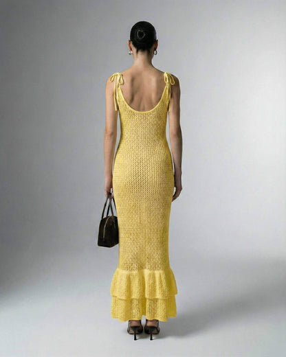 Page Maxi Dress in yellow satin, ankle-length, stylish chic design by RAMBLION, perfect for elegant occasions.