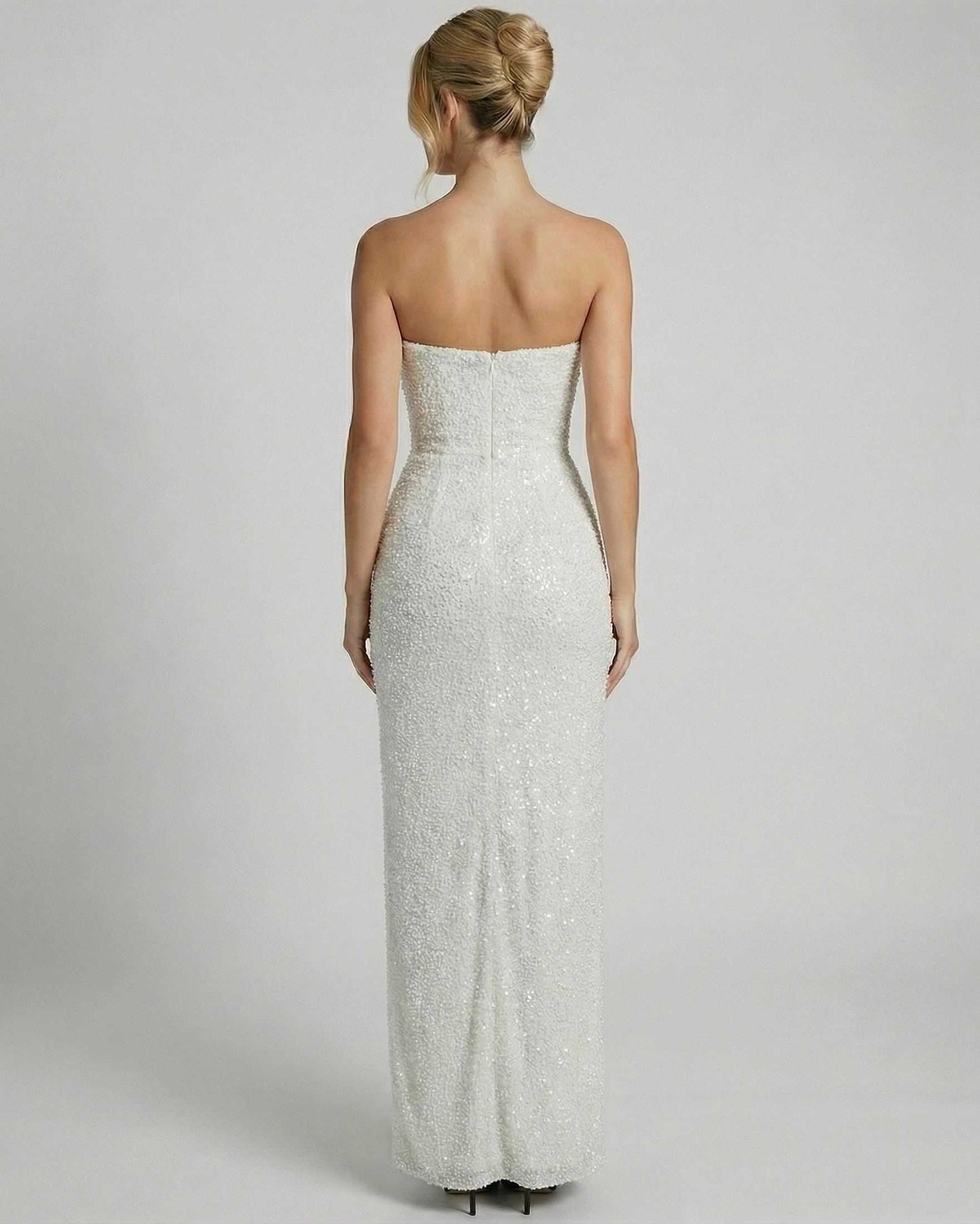 Pago Maxi Dress back view, strapless design, sequin overlay, elegant fit for formal occasions by RAMBLION.