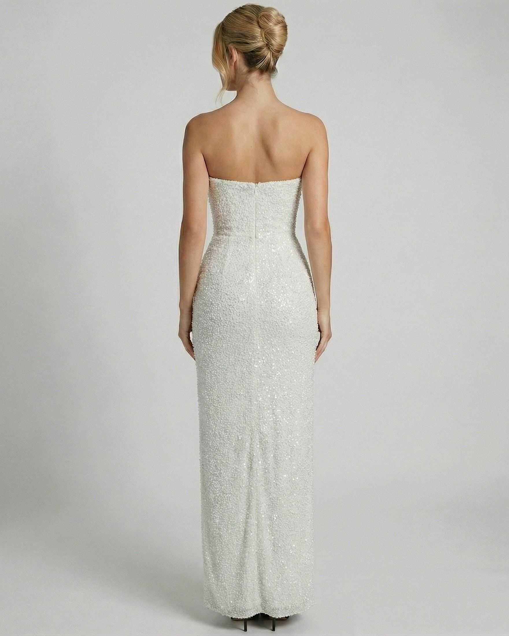 Pago Maxi Dress back view, strapless design, sequin overlay, elegant fit for formal occasions by RAMBLION.