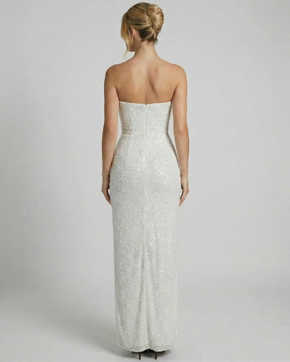 Pago Maxi Dress back view, strapless design, sequin overlay, elegant fit for formal occasions by RAMBLION.