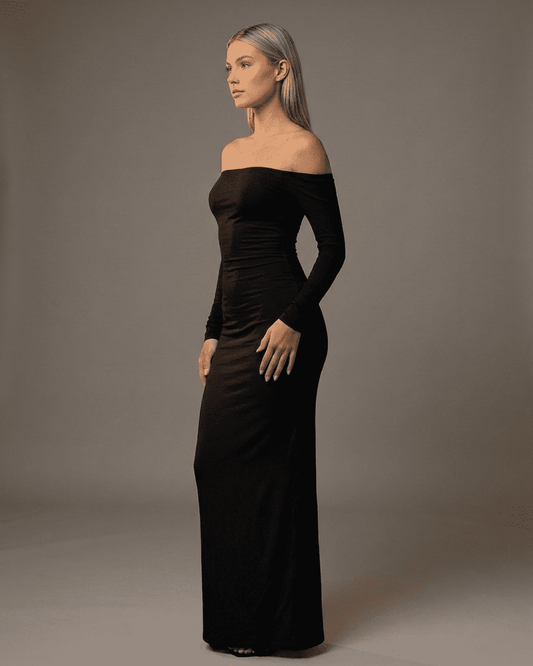 Pala Maxi Dress - Black ankle-length, off-shoulder, 100% cotton, sleek silhouette by RAMBLION for stylish occasions.