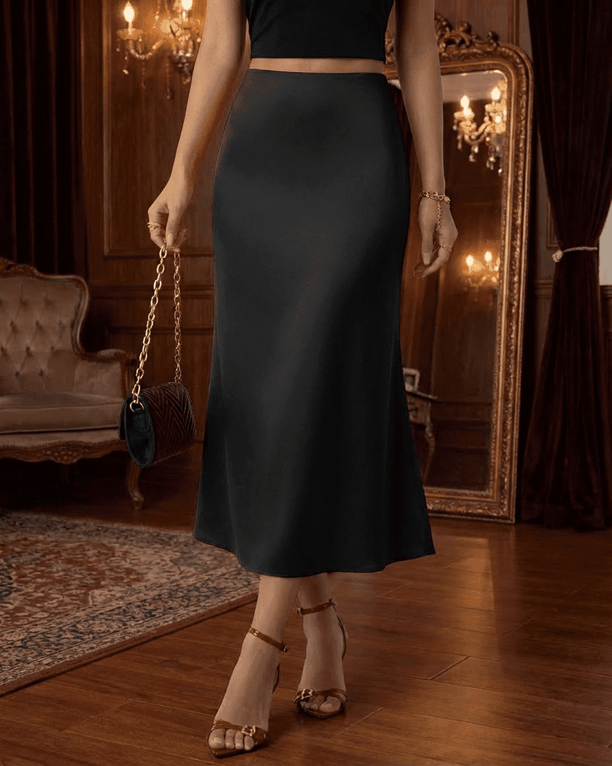 Black Satin Midi Skirt, lifestyle shot | Ramblion