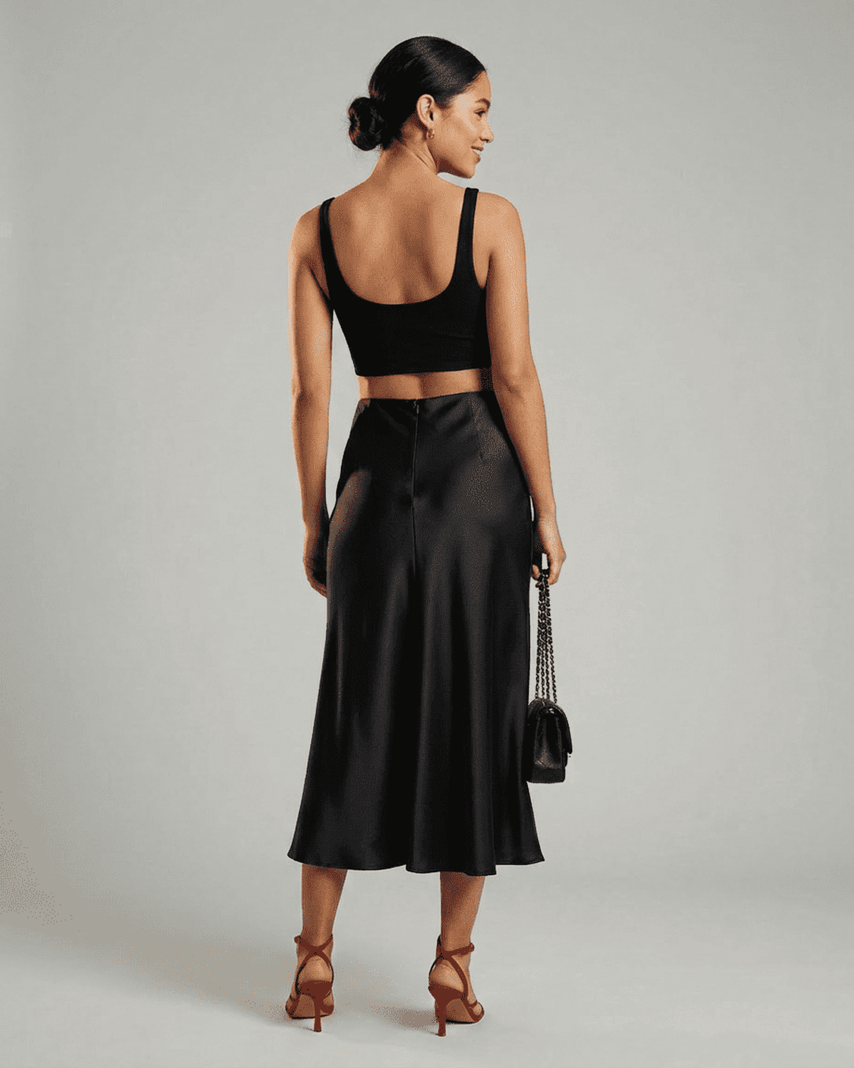 Black Satin Midi Skirt, back view | Ramblion | SKU: NMS-78134-black-L-2464,NMS-78134-black-M-2495,NMS-78134-black-S-2360,NMS-78134-black-XL-2151,NMS-78134-black-XS-5780