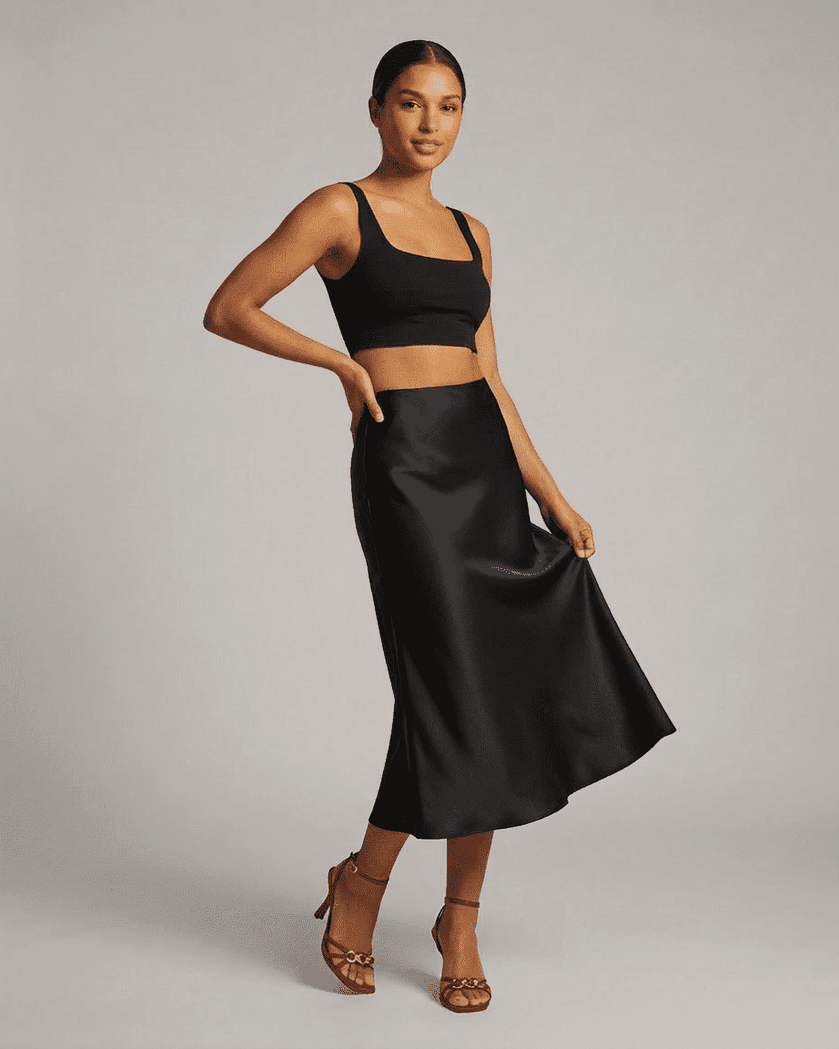 Black Satin Midi Skirt, front view | Ramblion | SKU: NMS-78134-black-L-2464,NMS-78134-black-M-2495,NMS-78134-black-S-2360,NMS-78134-black-XL-2151,NMS-78134-black-XS-5780