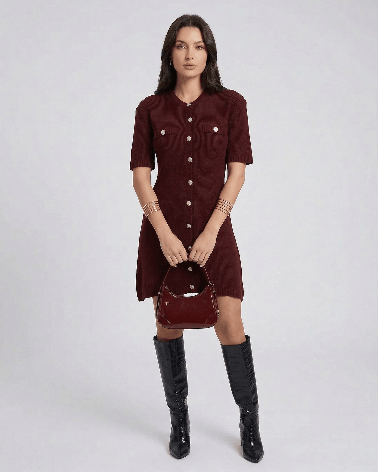 Pantelleria Mini Dress in burgundy with buttons, perfect for chic occasions, by RAMBLION.