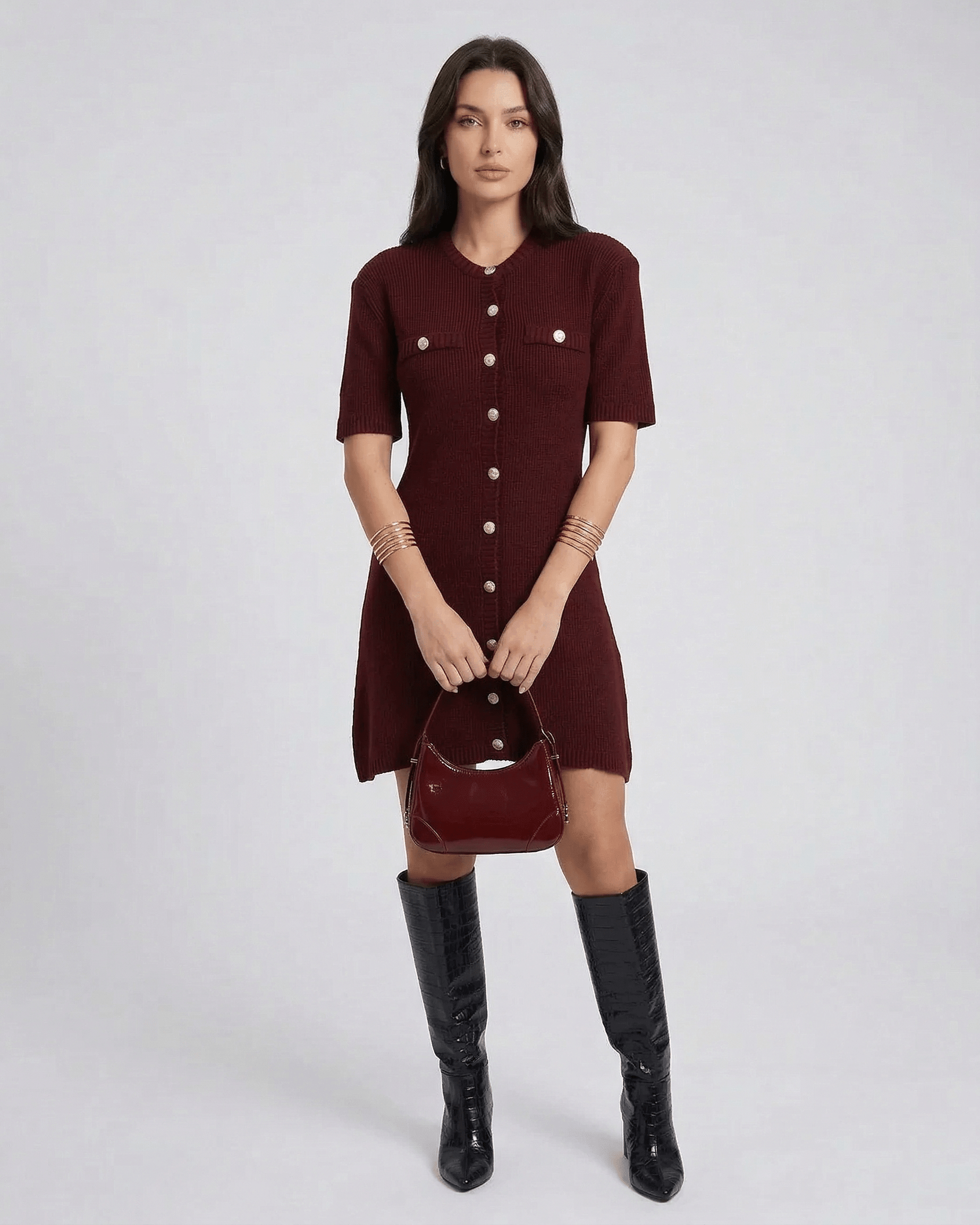 Pantelleria Mini Dress in burgundy with buttons, perfect for chic occasions, by RAMBLION.