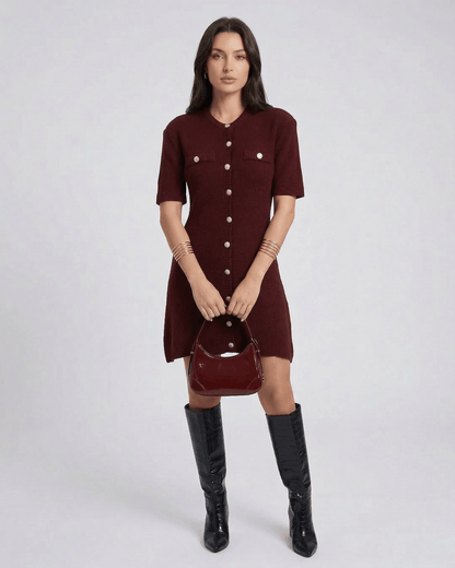 Pantelleria Mini Dress in burgundy with buttons, perfect for chic occasions, by RAMBLION.