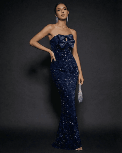 Para Maxi Dress by RAMBLION, strapless blue velvet dress with sequins, perfect for elegant occasions.