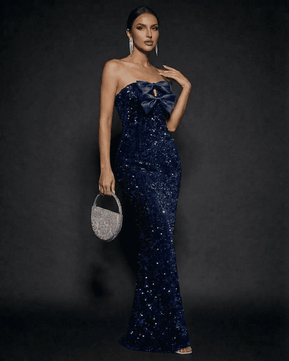 Elegant Para Maxi Dress in blue velvet with sequins, strapless design perfect for special occasions by RAMBLION.