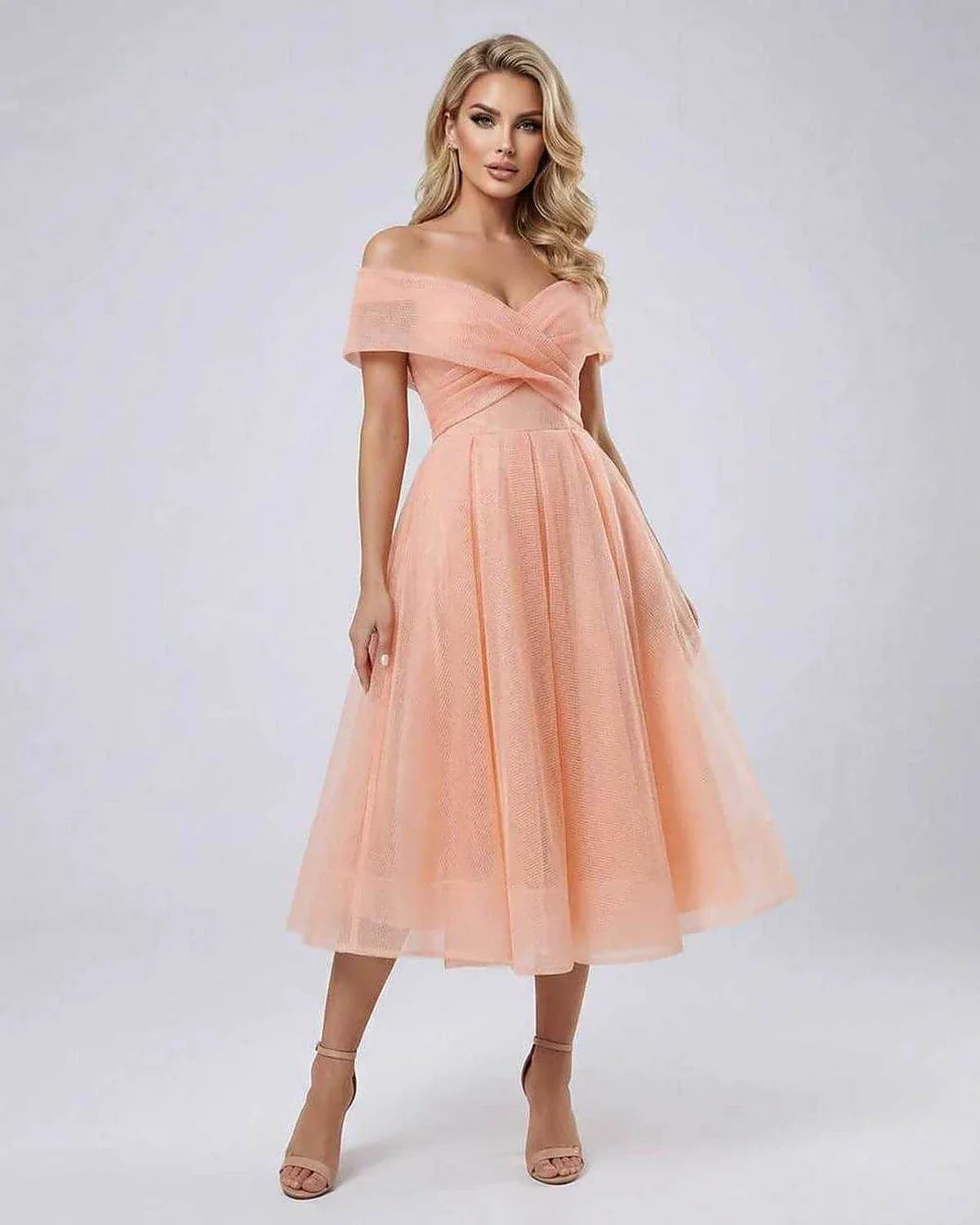 Peach Bodycon Bardot Neck Sleeveless Midi Dress | Black-Tie Events, Night Out, Guest of Wedding & Everyday Wear, front view | | SKU: CMD-384209817-peach-L-2760,CMD-384209817-peach-M-4138,CMD-384209817-peach-S-936,CMD-384209817-peach-XL-8888,CMD-384209817-peach-XS-3120