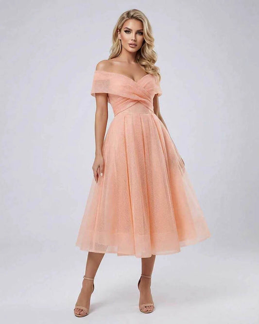 Peach Bodycon Bardot Neck Sleeveless Midi Dress | Black-Tie Events, Night Out, Guest of Wedding & Everyday Wear, front view |