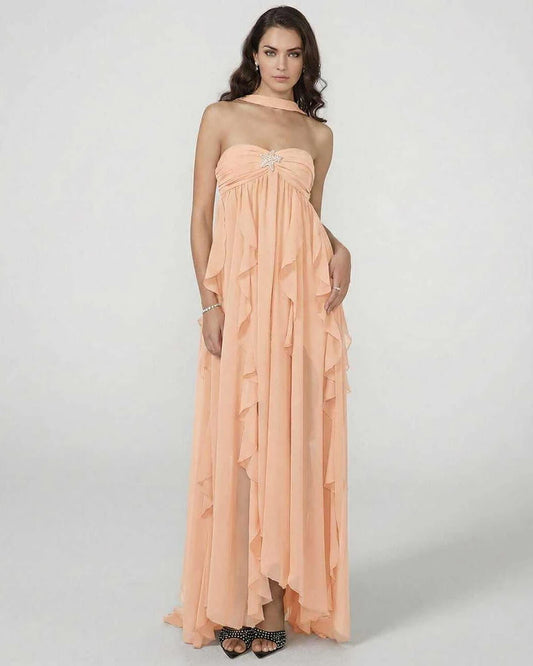 Peach Satin Wrap Strapless Maxi Dress | Gala Nights & Celebrations, front view | Ramblion