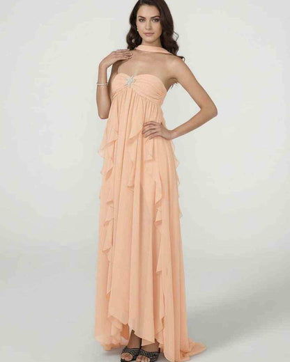 Peachira Maxi Dress - Elegant strapless ankle-length gown with ruffle detail by RAMBLION.