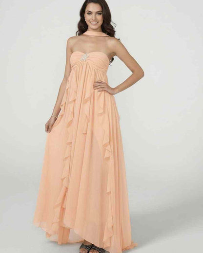 Peachira Maxi Dress - Elegant strapless ankle-length gown with ruffle details by RAMBLION.