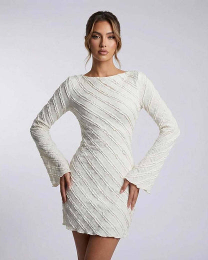 Pearlescent Mini Dress by RAMBLION, white, boat neck, long bell sleeves, ideal for formal events, sophisticated style.