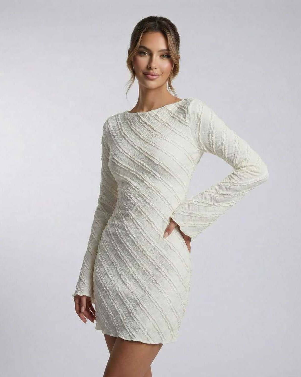 Pearlescent Mini Dress by RAMBLION, featuring a boat neck, long bell sleeves, and perfect for formal occasions.