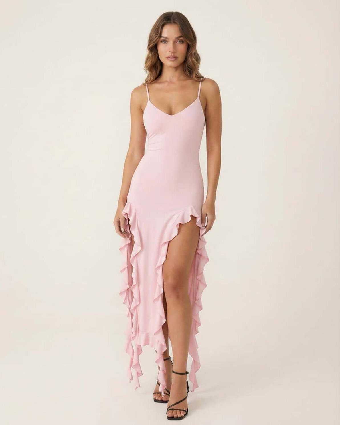 Peda Midi Dress from RAMBLION in soft pink, V-neck, with ruffle trim, perfect for feminine charm and special occasions.