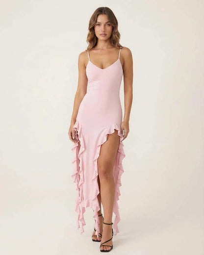 Pink Cotton A-line V-Neck Sleeveless Midi Dress | Formal Events, Cocktail Hour, Bridal Showers & Day-to-Night, front view | R | SKU: SMD-481237594-pink-L-6209,SMD-481237594-pink-M-7567,SMD-481237594-pink-S-5621,SMD-481237594-pink-XL-7655,SMD-481237594-pink-XS-7416