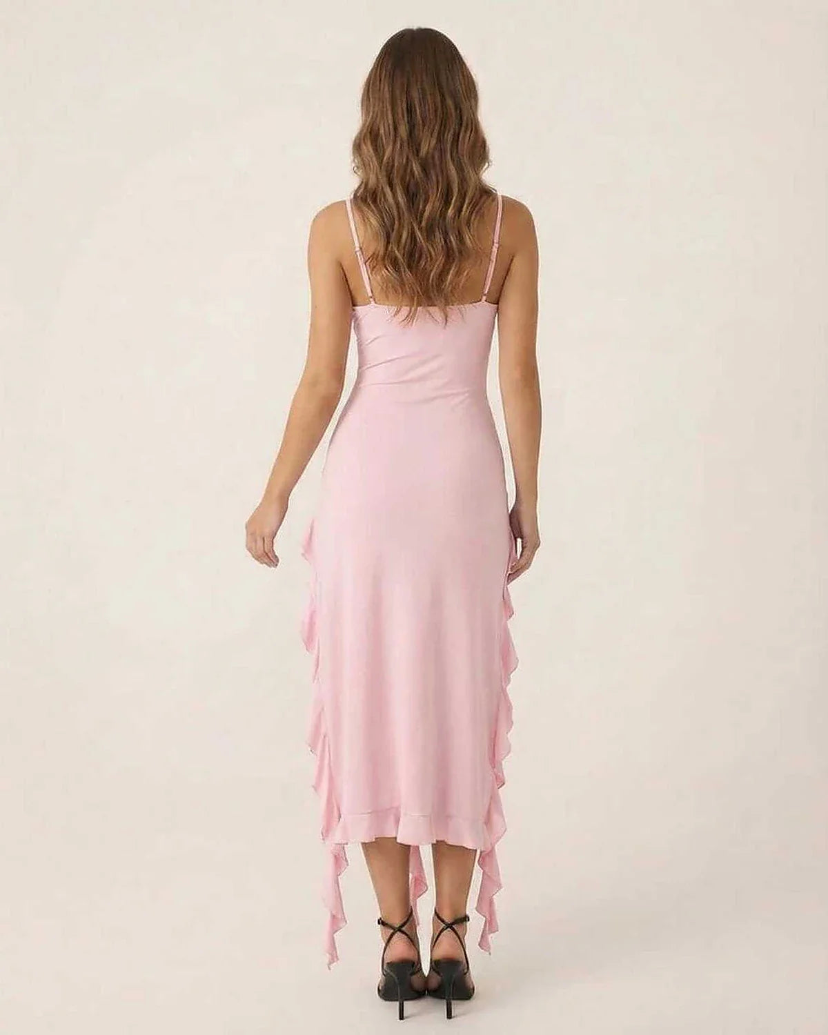 Pink Cotton A-line V-Neck Sleeveless Midi Dress | Formal Events, Cocktail Hour, Bridal Showers & Day-to-Night, back view | Ra | SKU: SMD-481237594-pink-L-6209,SMD-481237594-pink-M-7567,SMD-481237594-pink-S-5621,SMD-481237594-pink-XL-7655,SMD-481237594-pink-XS-7416