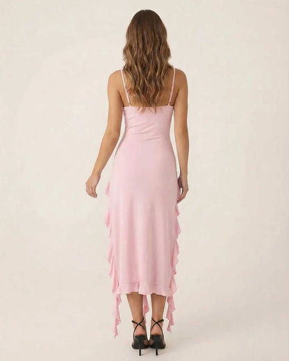 Pink Cotton A-line V-Neck Sleeveless Midi Dress | Formal Events, Cocktail Hour, Bridal Showers & Day-to-Night, back view | Ra | SKU: SMD-481237594-pink-L-6209,SMD-481237594-pink-M-7567,SMD-481237594-pink-S-5621,SMD-481237594-pink-XL-7655,SMD-481237594-pink-XS-7416