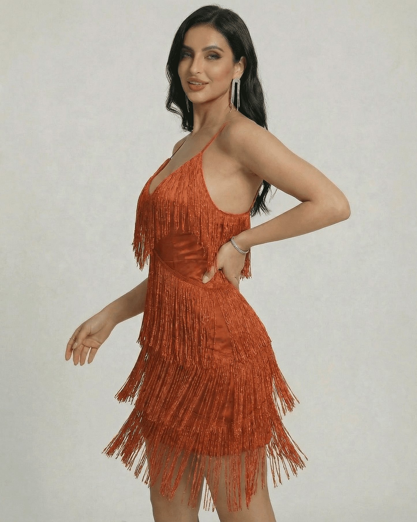 Peda Mini Dress by RAMBLION, vibrant orange mini dress with fringe design, perfect for parties and special occasions.