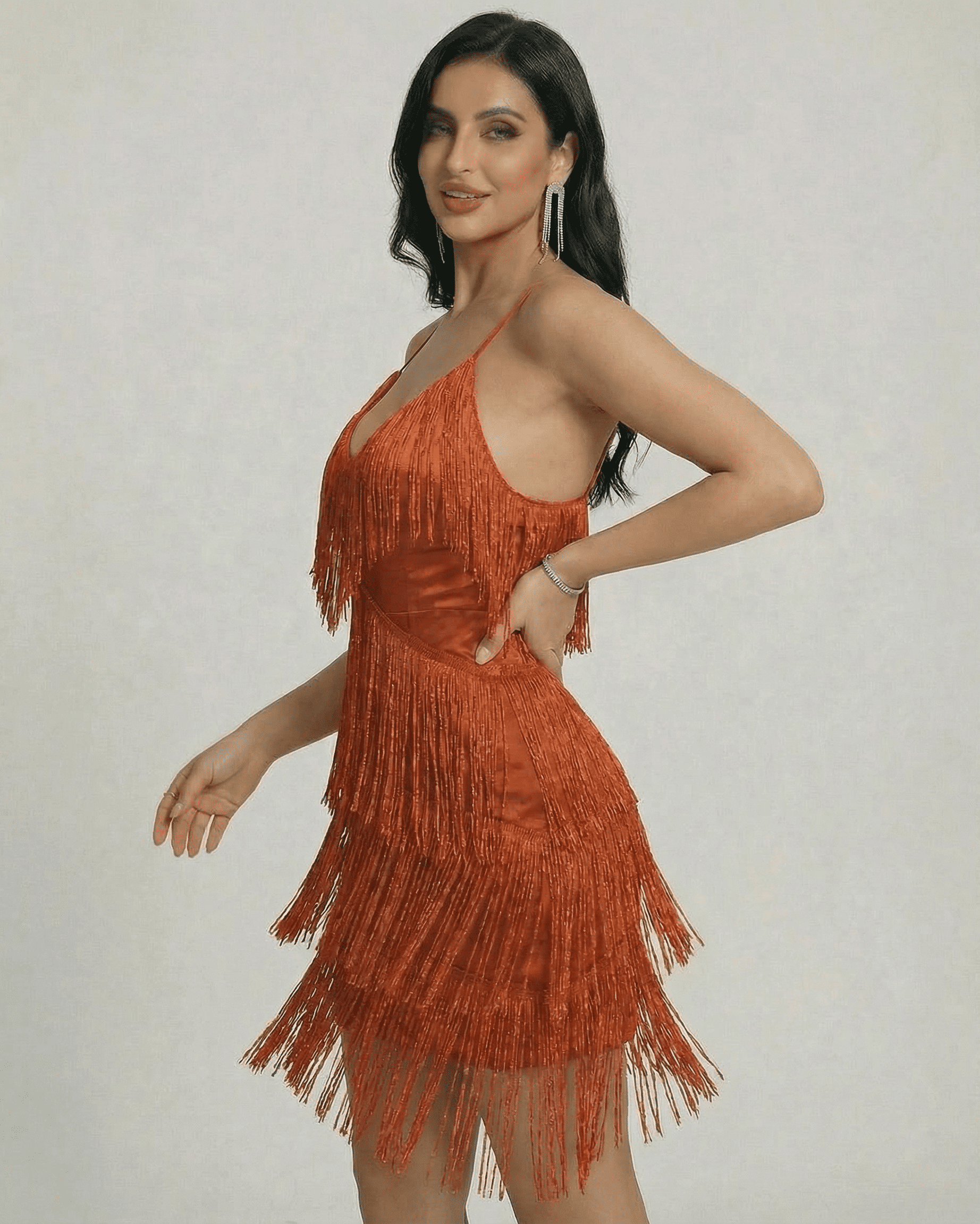 Peda Mini Dress by RAMBLION, vibrant orange mini dress with fringe design, perfect for parties and special occasions.