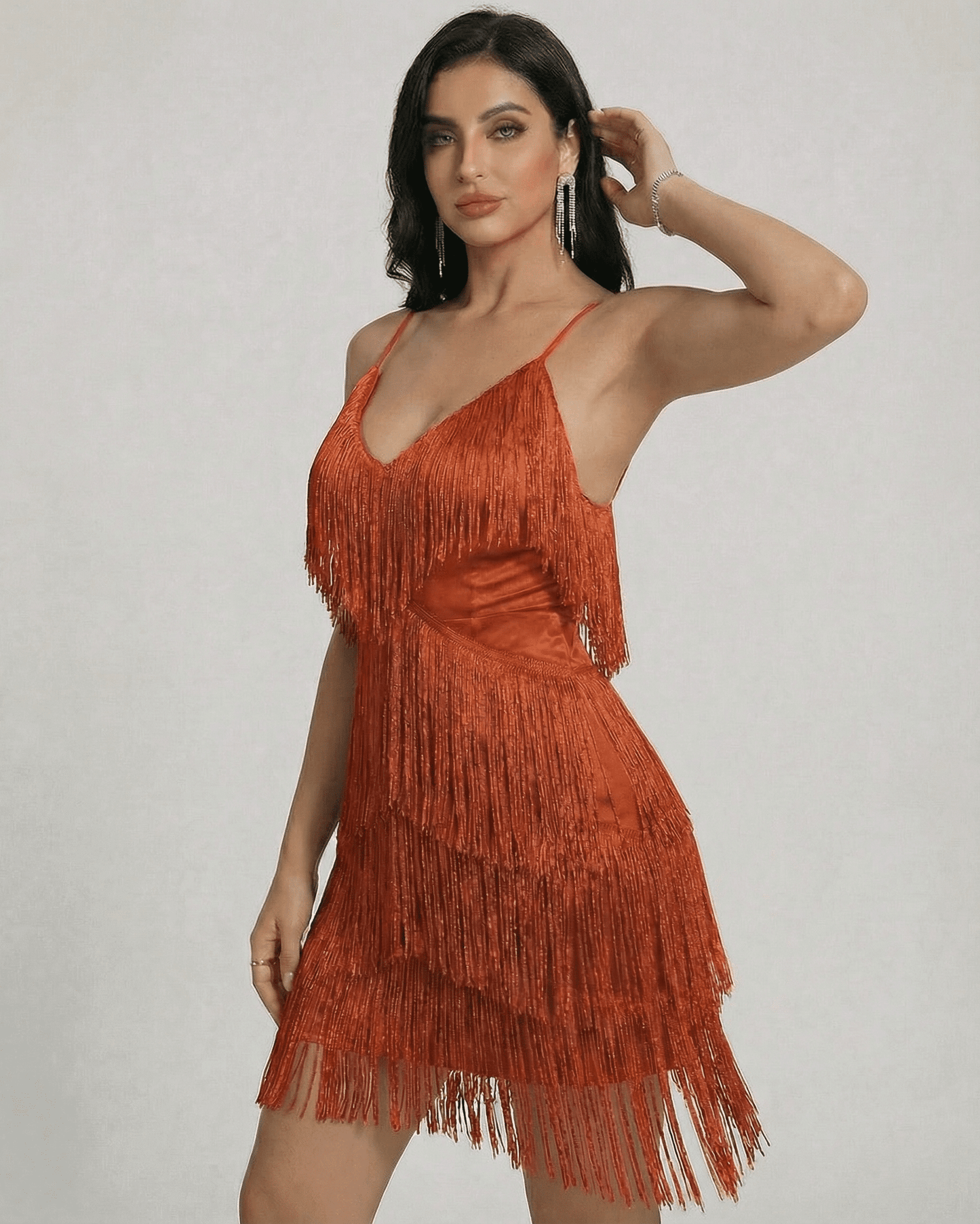 Peda Mini Dress by RAMBLION, vibrant orange, layered fringe design, perfect for parties or nights out.