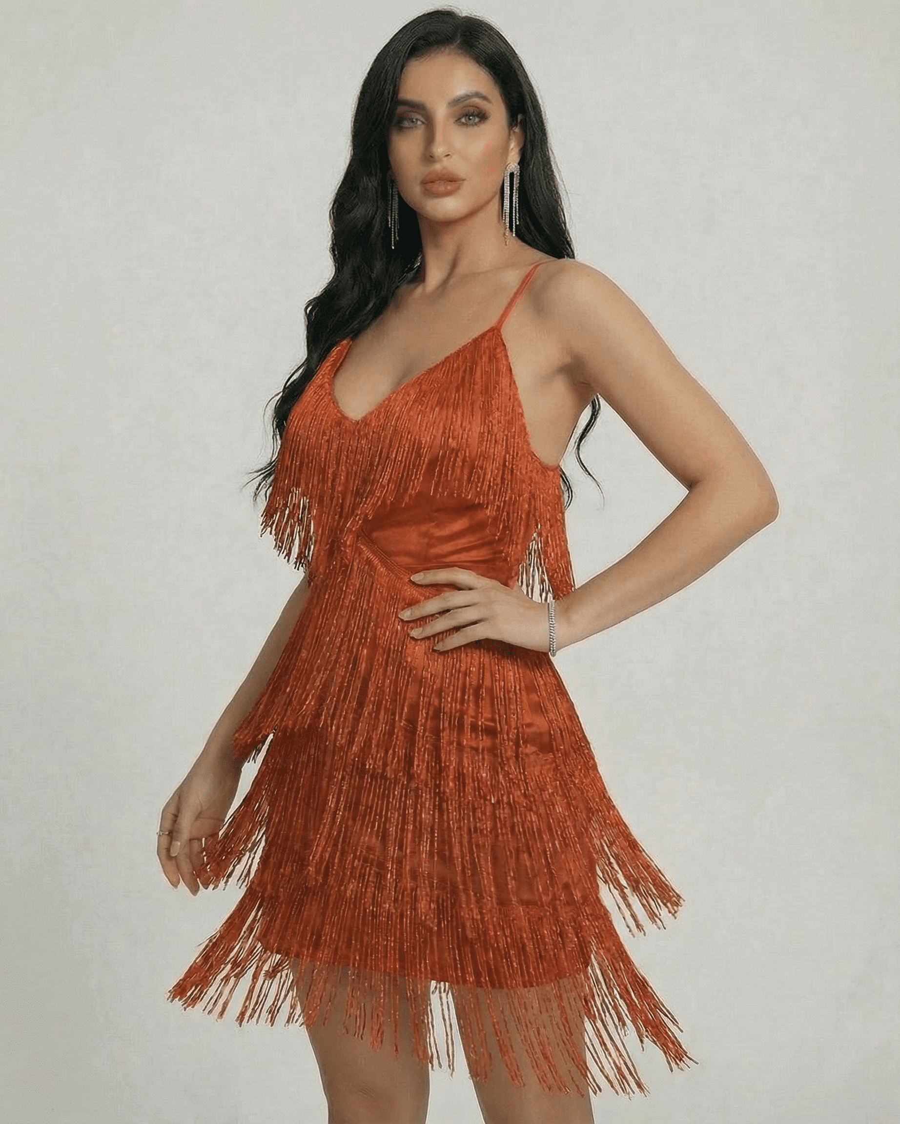 Peda Mini Dress by RAMBLION, vibrant orange with fringe, perfect for standout moments and special occasions.